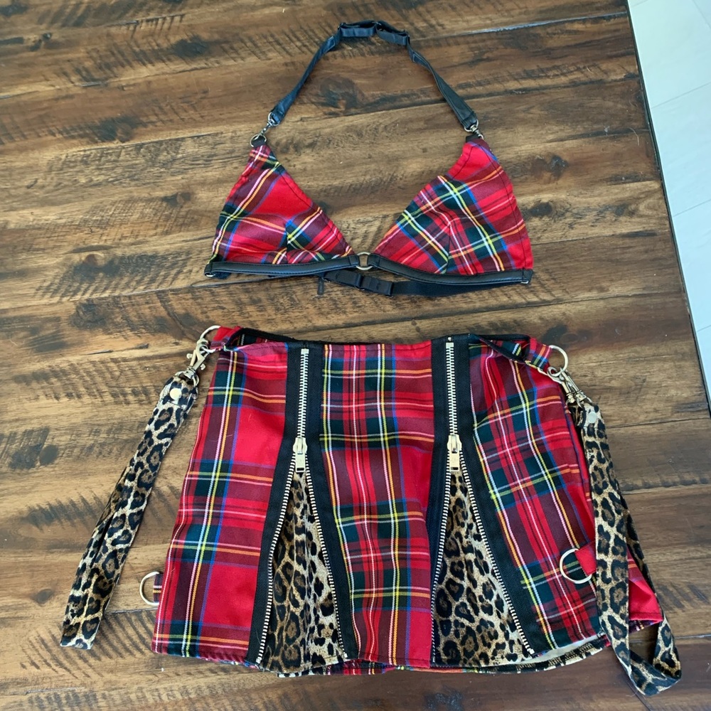 Red plaid with cheeta print design. Skirt &  top